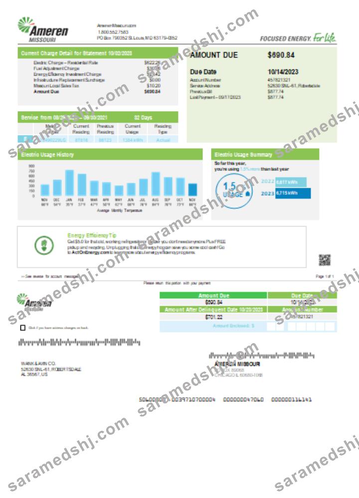 Ameren Missouri electricity utility business bill,  page 1, SCR